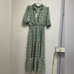 Max Studio Olive Green & Dusty Blue Floral Tiered Maxi Dress MRSP $148